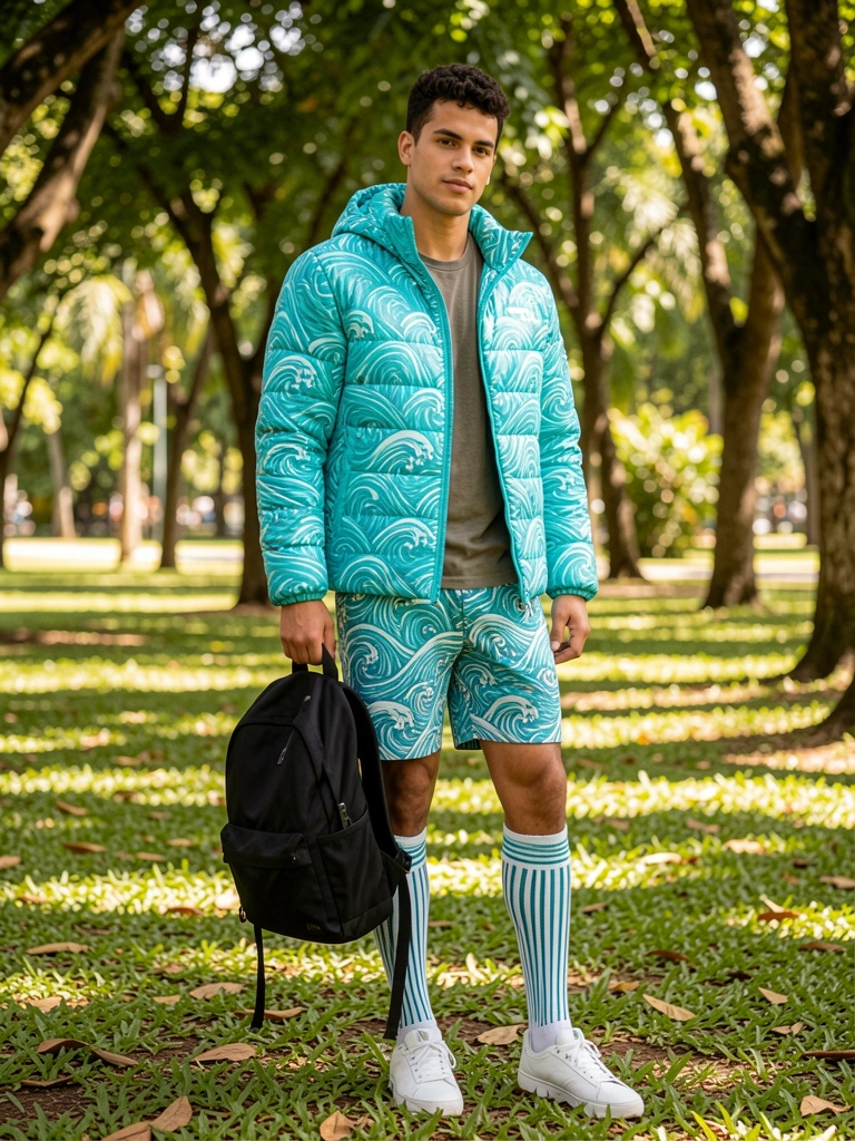 Homem com jaqueta turquesa estampada, shorts estampados, mochila preta e meias listradas em parque com luz filtrada pelas árvores.