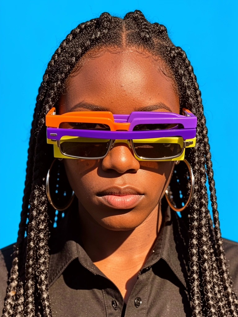 Jovem negra com tranças, brincos grandes e óculos empilhados laranja, roxo e amarelo, fundo azul vibrante.