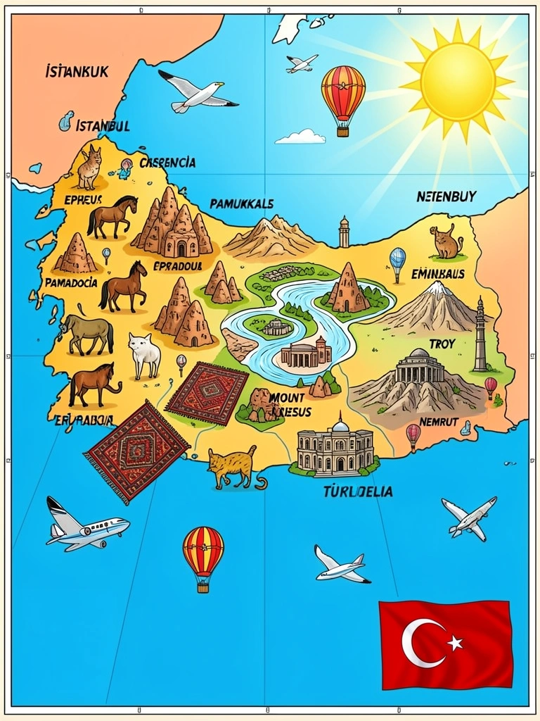 Mapa da Turquia colorido com Istambul, Capadócia e Pamukkale, bandeira turca no canto, avião e balão de ar quente, sol brilhante no canto superior direito.