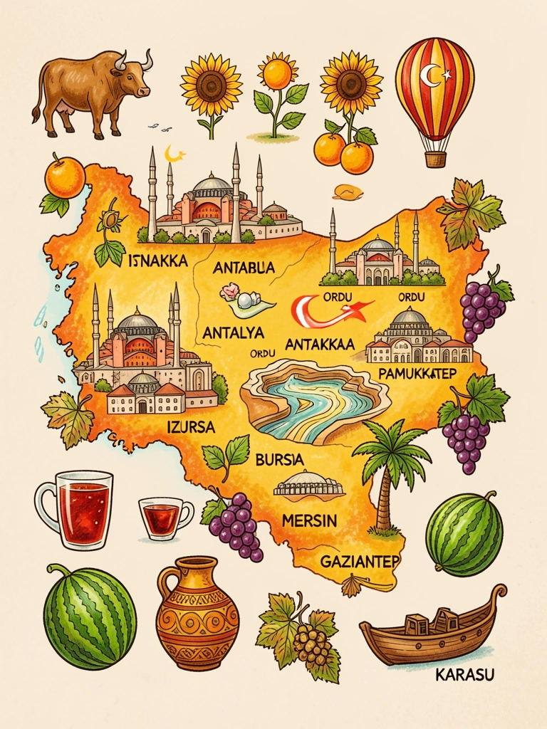 Mapa desenhado à mão da Turquia em tons vibrantes de amarelo, laranja e marrom, com marcos como a Hagia Sophia, um balão de ar quente e um copo de chá.