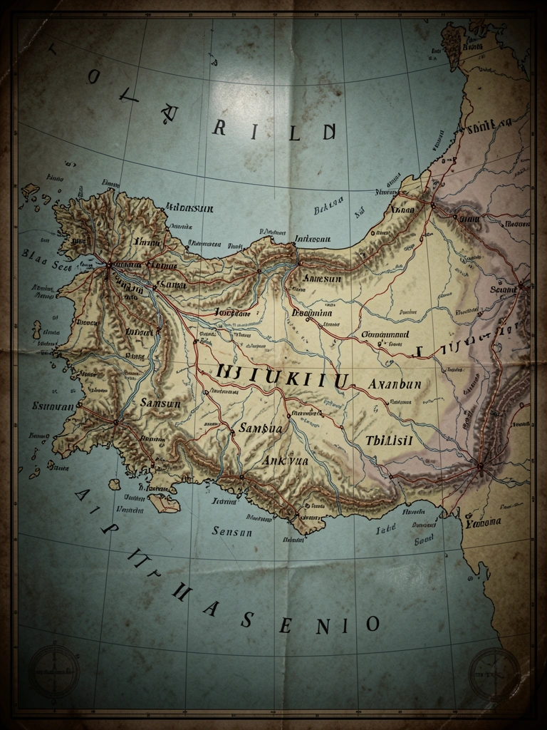 Mapa vintage da Turquia e regiões vizinhas, com o Mar Negro, rios e cidades como Istambul e Ancara, sobre fundo texturizado que imita pergaminho antigo.