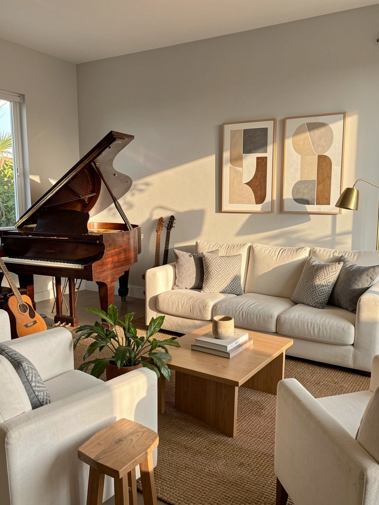 Piano de madeira escura, sofá off-white com almofadas cinzas, mesa de centro clara com livros e castiçal, e luz natural entrando pela janela.