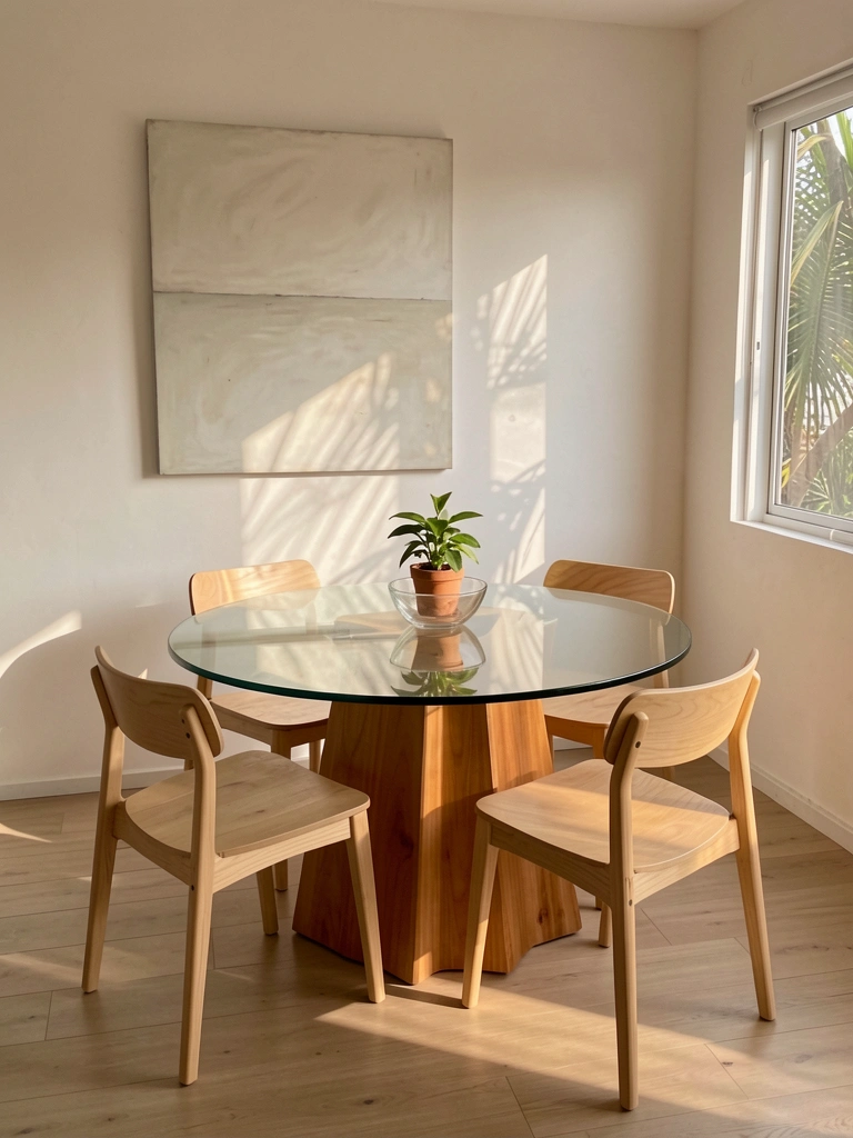 Mesa redonda de vidro com base de madeira e quatro cadeiras claras, quadro moderno na parede, vaso com planta sobre a mesa e luz natural entrando pela janela.