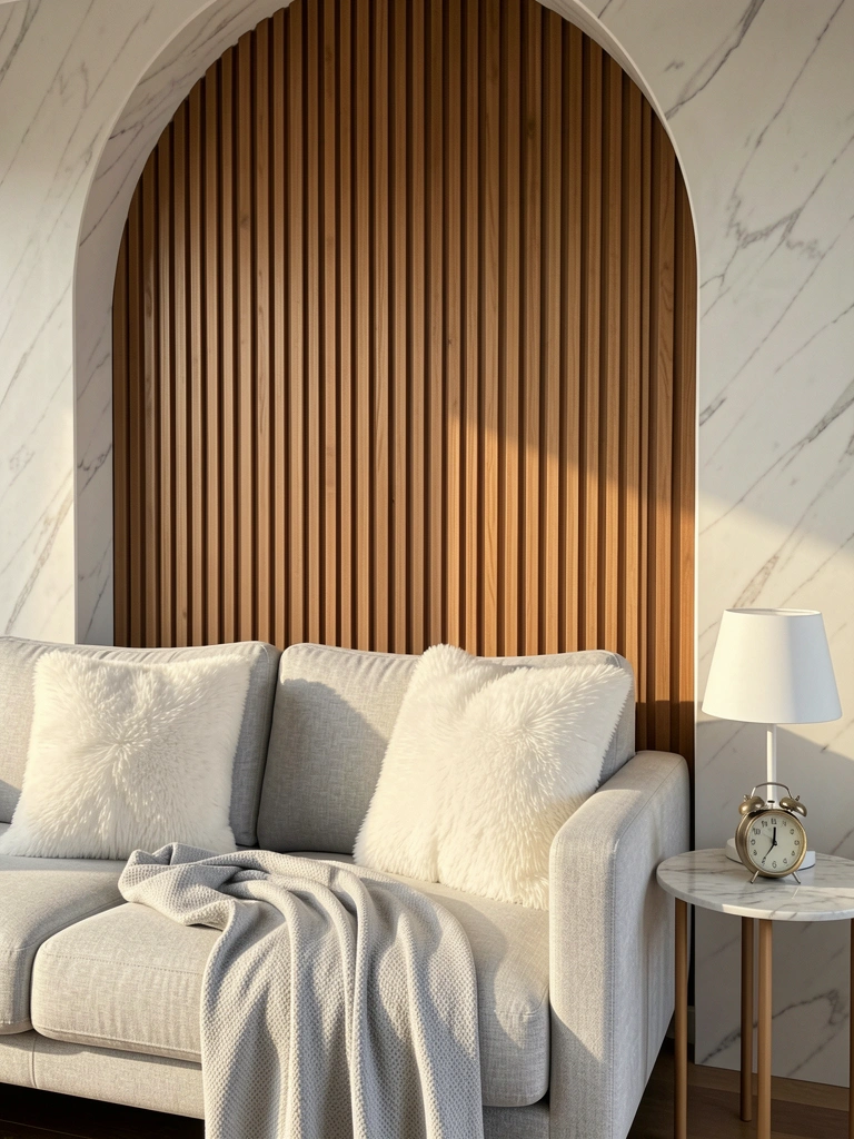 Sofá cinza claro com almofadas brancas e manta, parede de ripas de madeira com arco, mesa lateral redonda de mármore com abajur e despertador, luz natural.