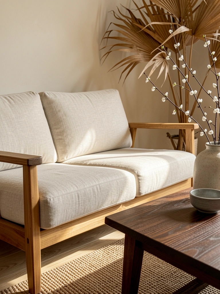 Luz natural incide sobre sofá de linho bege com braços de madeira, mesa de carvalho escuro com tigela cinza e vaso com galhos brancos.