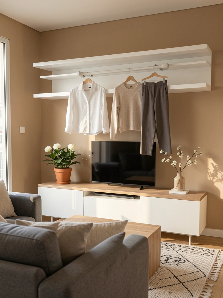 Prateleira flutuante branca com roupas minimalistas, console de madeira clara com vaso de flores brancas, sofá cinza e tapete estampado sob luz natural.