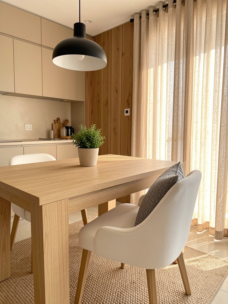 Mesa de madeira clara com cadeira estofada branca e almofada cinza, pendente preto e vaso de planta, cozinha com armários bege e painel de madeira ao fundo, luz natural.