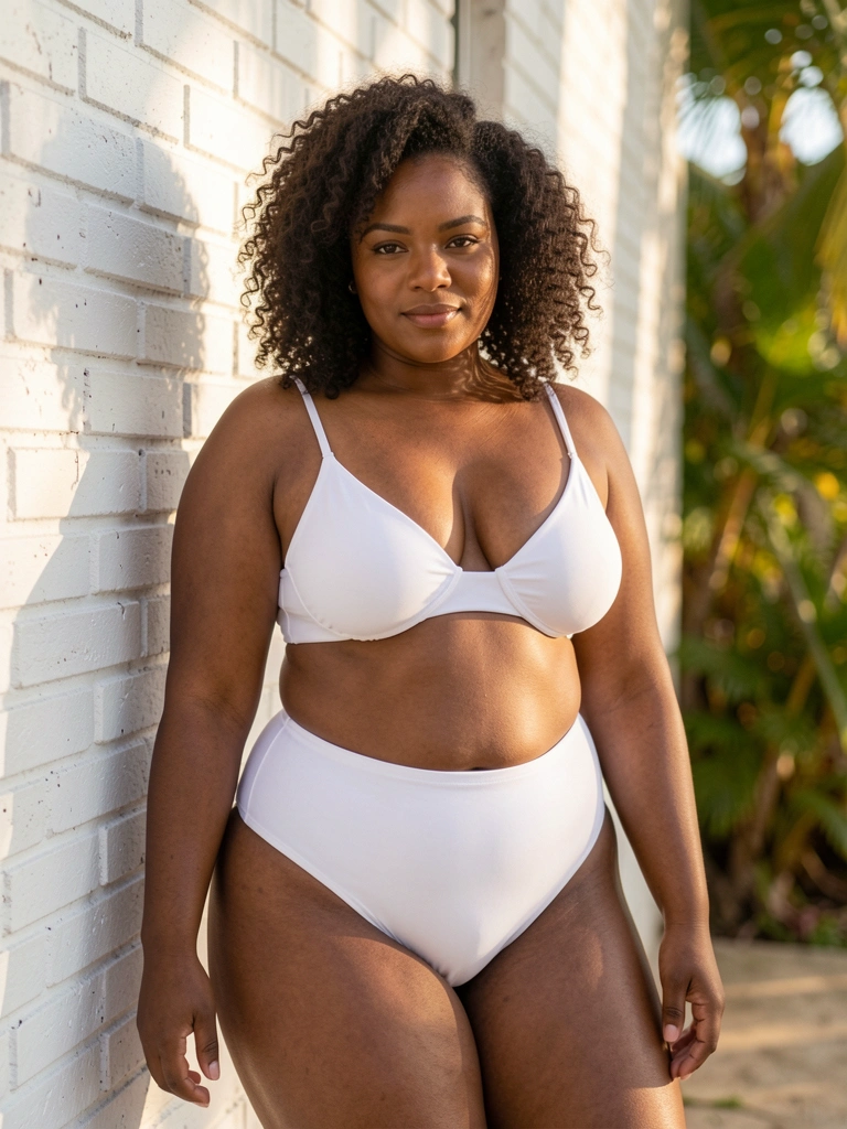 Mulher plus-size negra de cabelo cacheado usando bralette branca e calcinha cintura alta, contra parede de tijolos brancos com luz natural suave.