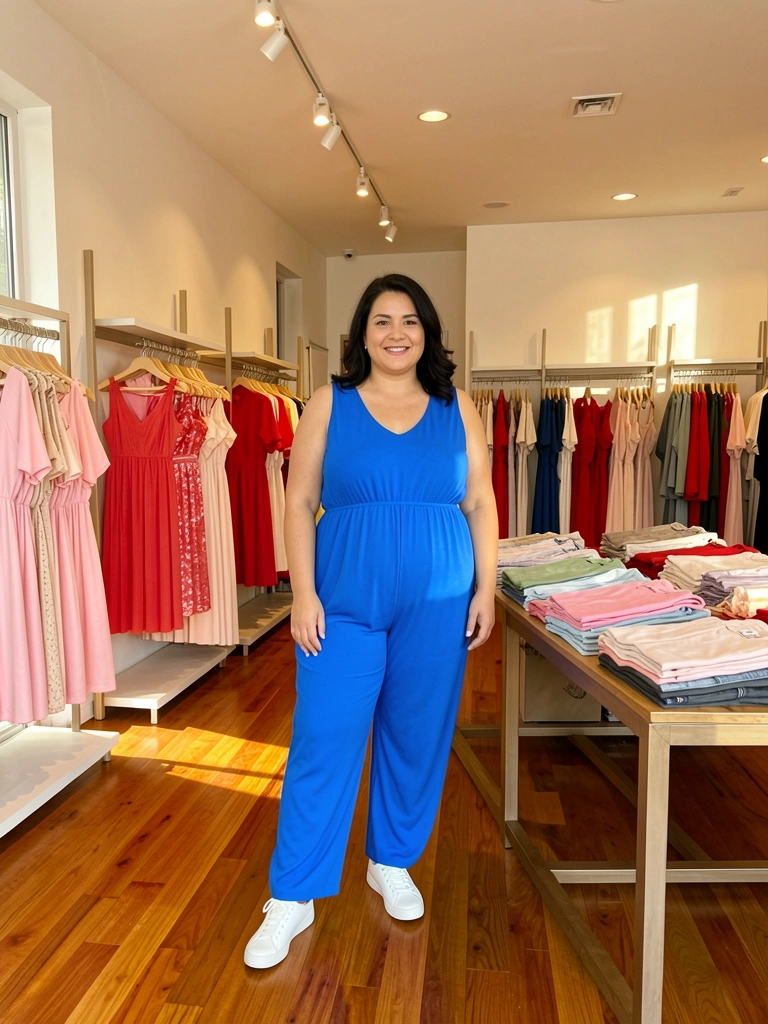 Mulher plus-size de macacão azul e tênis branco sorri em loja iluminada, com racks de vestidos rosa e mesa de roupas dobradas em primeiro plano.