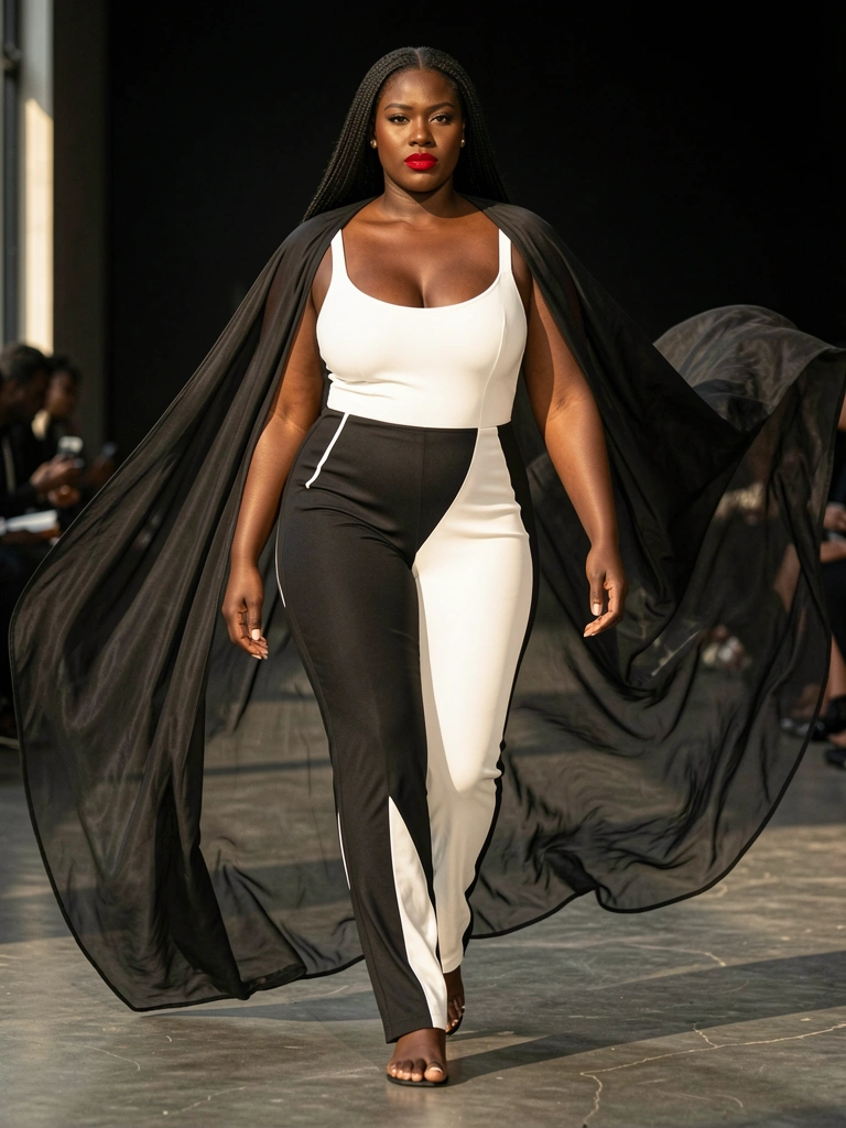 Modelo plus-size de pele escura e batom vermelho desfila em jumpsuit preto e branco com capa transparente esvoaçante, em passarela de concreto polido sob luz natural.