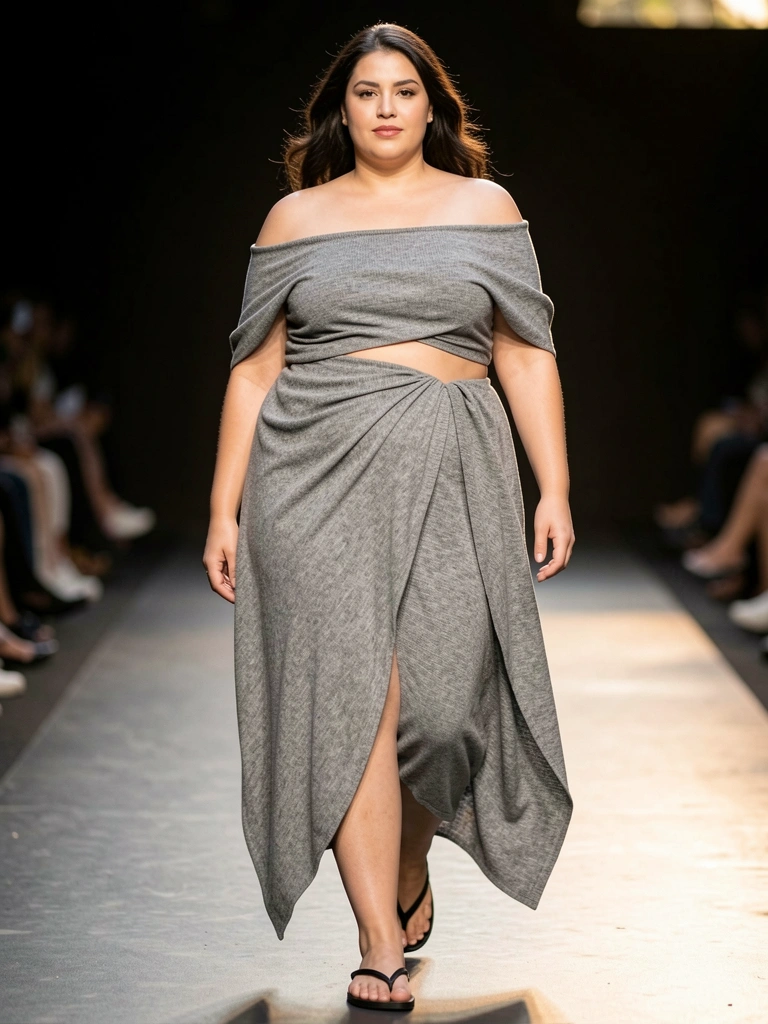 Vestido cinza de malha assimétrico com decote ombro a ombro e recorte na cintura, modelo plus size desfilando em passarela escura com luz natural difusa.