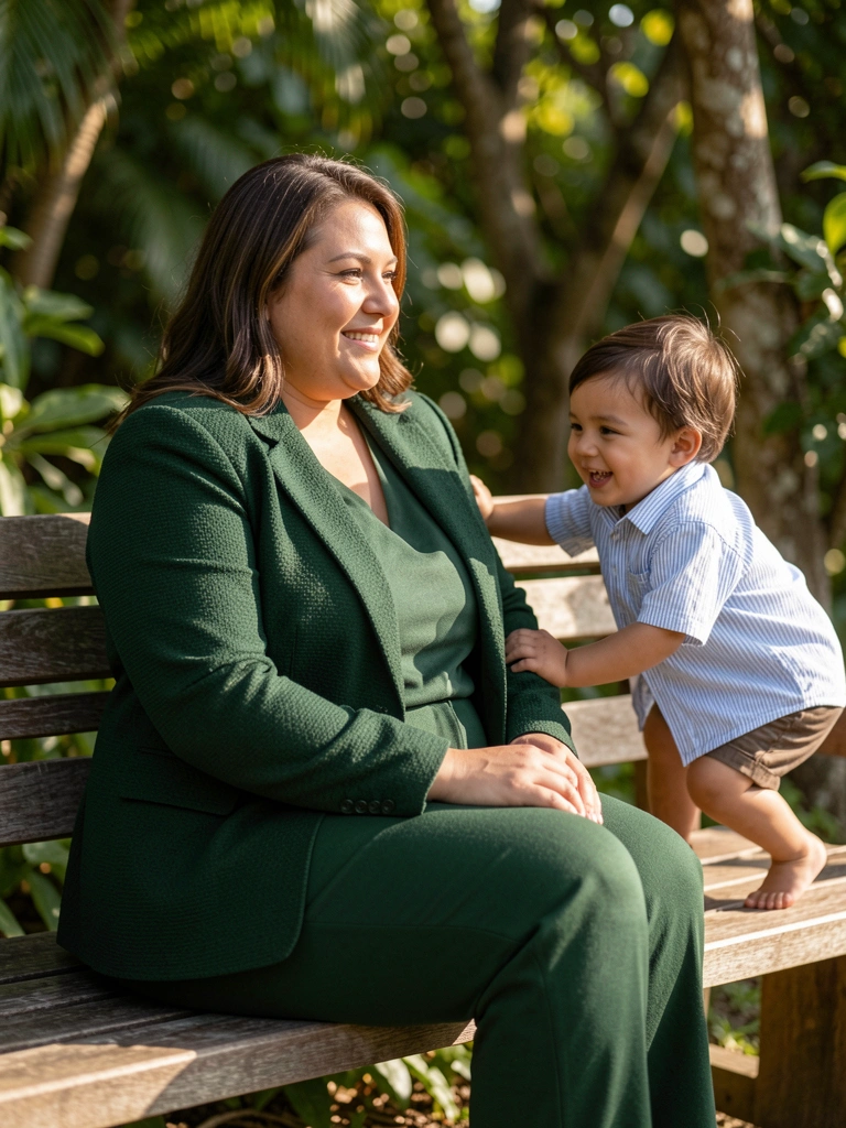 Mulher plus size de blazer verde escuro texturizado sentada em banco de madeira, criança de camisa listrada azul e branca brincando ao lado, folhagem verde desfocada com luz solar filtrada.