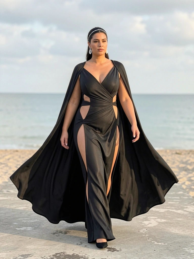 Modelo plus size vestindo longo preto com recortes e capa, desfilando em passarela de concreto à beira-mar, luz natural e céu nublado.