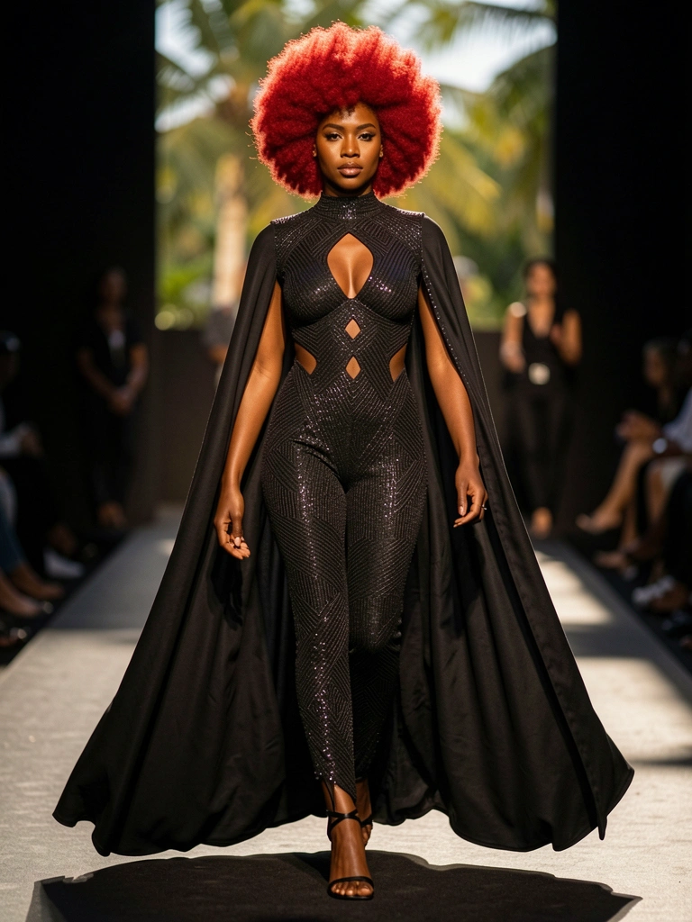 Mulher negra com cabelo afro vermelho vibrante desfilando em macacão preto com capeado, iluminação dramática de passarela.