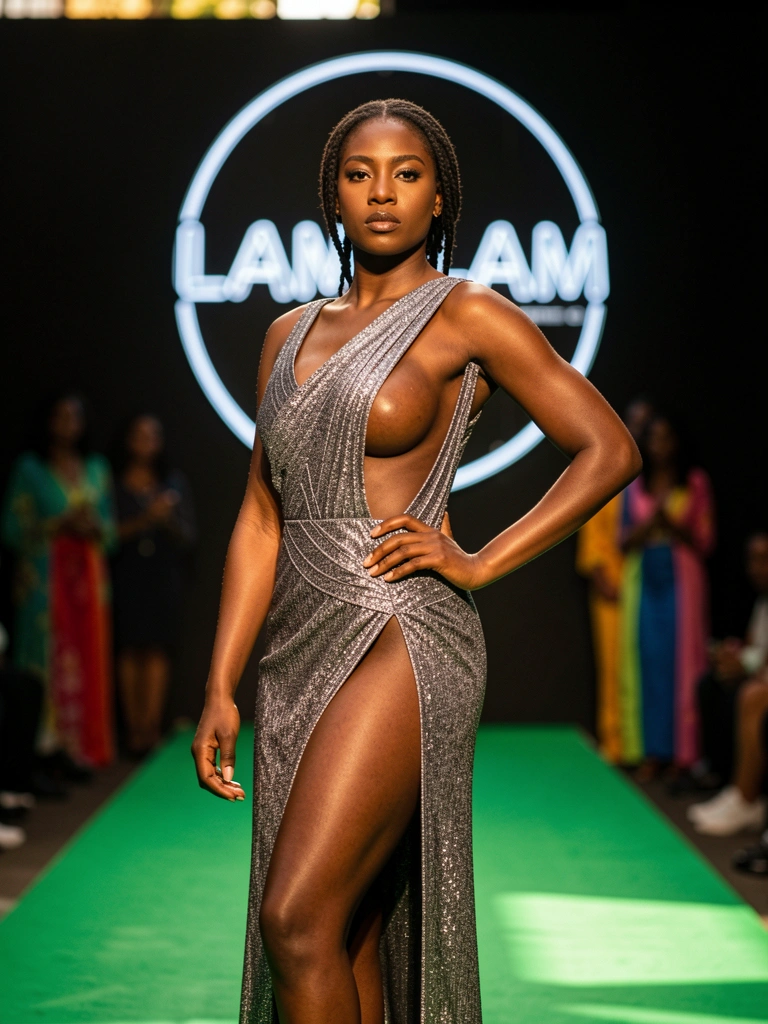 Vestido metálico cinza com decote aberto e fenda alta em passarela verde, modelo negra de mão na cintura, letreiro neon