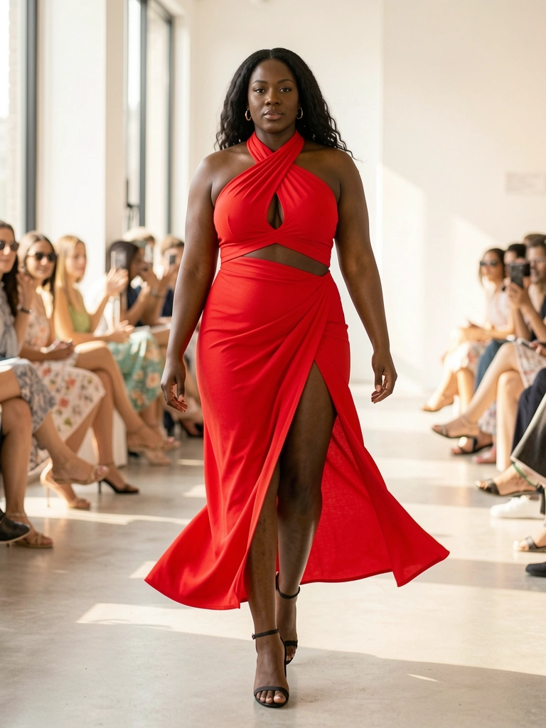 Vestido vermelho de gola halter com recortes e fenda alta em mulher negra desfilando em galeria iluminada por luz natural, público desfocado ao fundo.