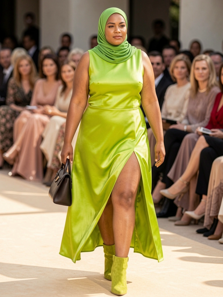Modelo plus size em vestido verde-limão acetinado com fenda lateral, botas de camurça e lenço na cabeça, desfilando em passarela bege sob luz natural.