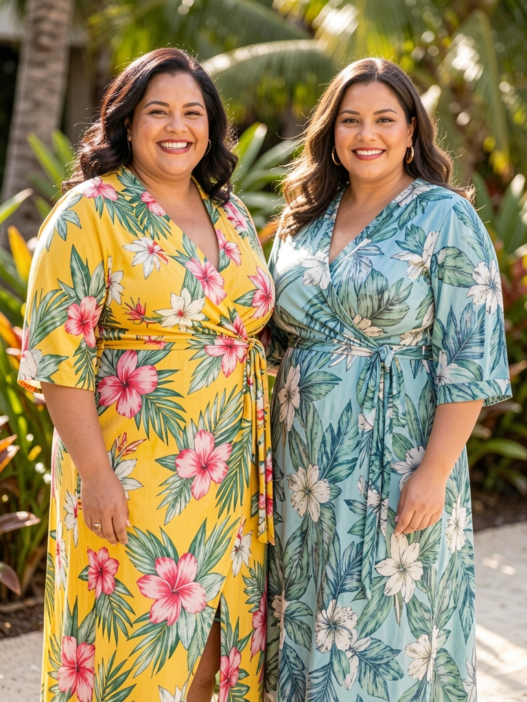 Mulheres plus-size em vestidos florais amarelo e azul, sorrindo, com fundo tropical desfocado e luz natural.