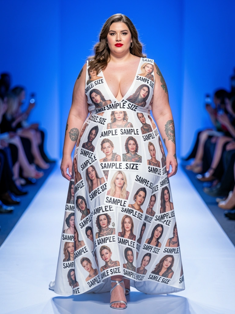Modelo plus-size em vestido branco coberto por etiquetas