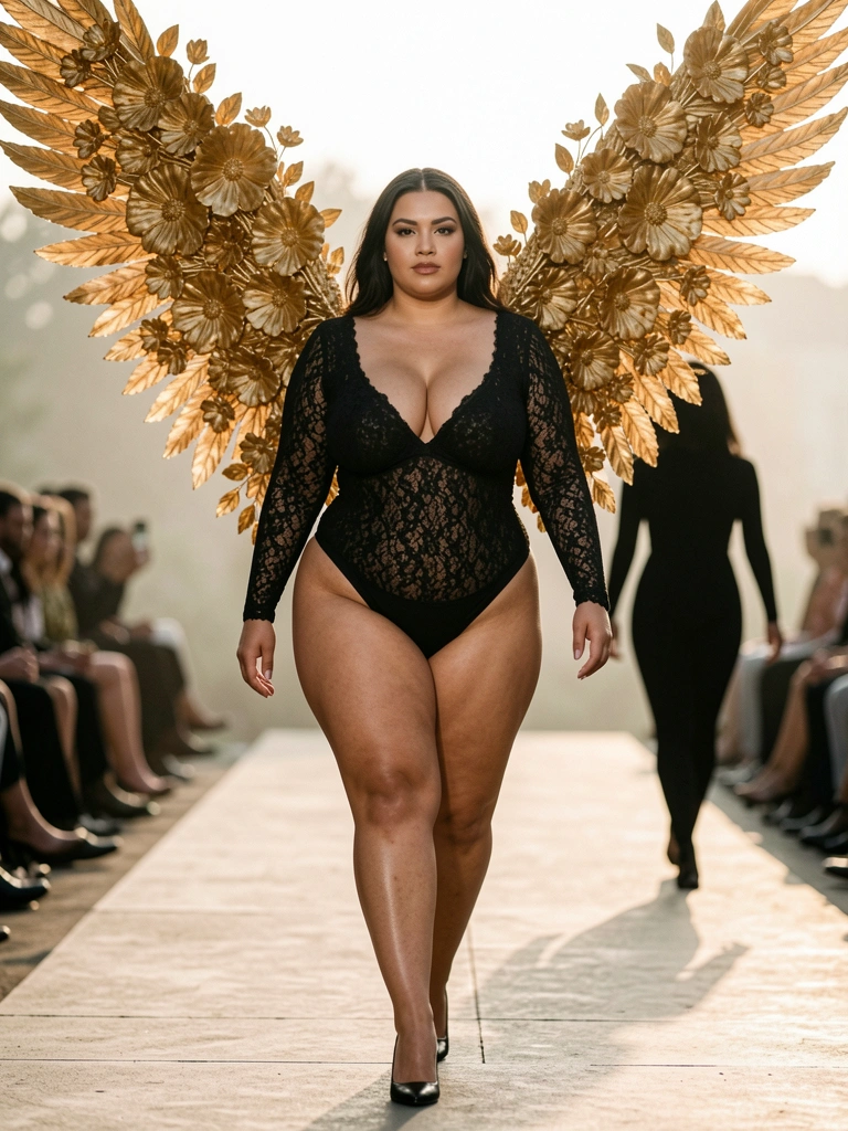 Modelo plus size de asas douradas desfilando em passarela externa, vestindo bodysuit e calcinha de renda preta, luz natural e fundo desfocado.
