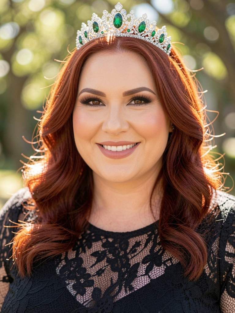 Mulher plus size de cabelo ruivo e sorriso genuíno, vestido preto de renda e tiara de prata e esmeralda, close-up com fundo desfocado e luz solar salpicada.