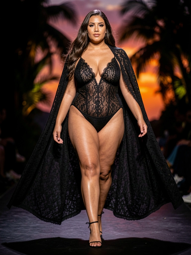Modelo plus size em body de renda preta com capa e salto fino desfila em palco escuro com iluminação dramática.
