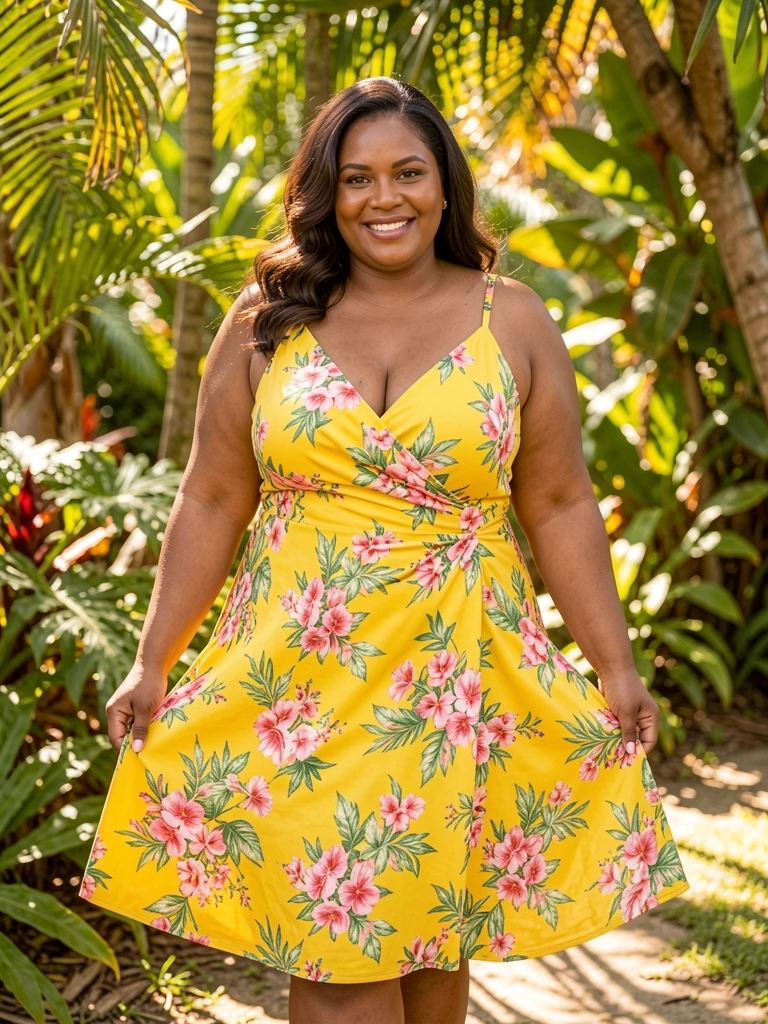 Mulher sorridente em vestido amarelo com estampa floral, mãos na barra, folhagens tropicais e luz filtrada ao fundo.