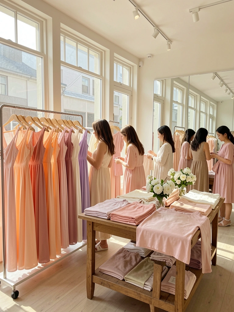 Luz natural entra por janelas amplas em boutique com cabideiro de vestidos fluidos em pêssego e rosa, mesa de madeira com flores brancas e espelhos refletindo o ambiente.
