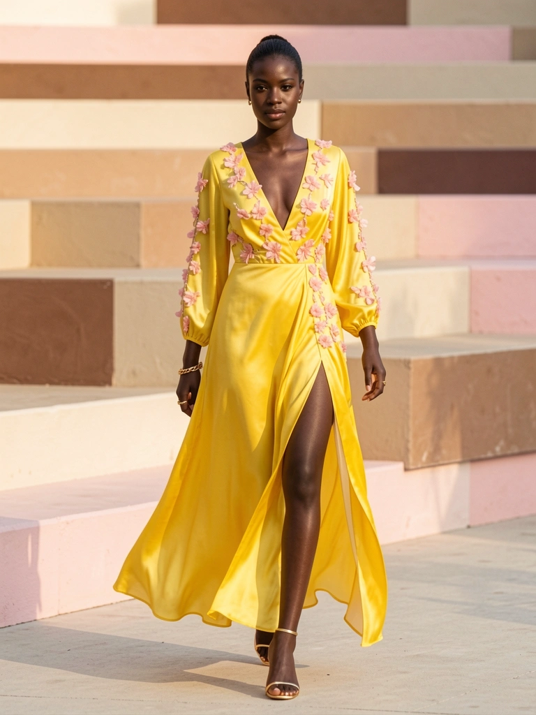 Mulher negra de vestido amarelo de seda com flores rosas nos punhos e decote V, pulseira dourada e sandálias de salto, em passarela com plataformas em tons neutros sob luz natural.