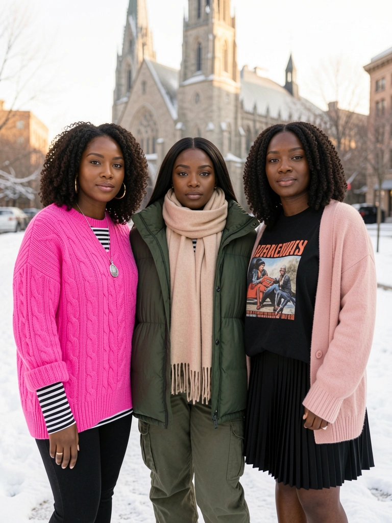 Três mulheres negras em roupas de inverno: suéter rosa tricotado, jaqueta verde militar e camiseta preta com saia, sob luz natural difusa com igreja gótica ao fundo.