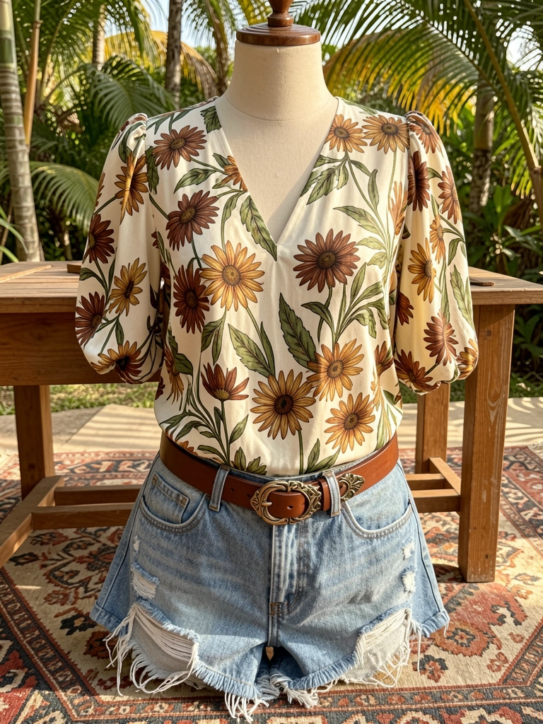 Blusa creme com estampa floral marrom e verde, mangas bufantes e decote V, sobre manequim, com shorts jeans desfiados e cinto de couro no chão, mesa de madeira e tapete ao fundo, luz natural.