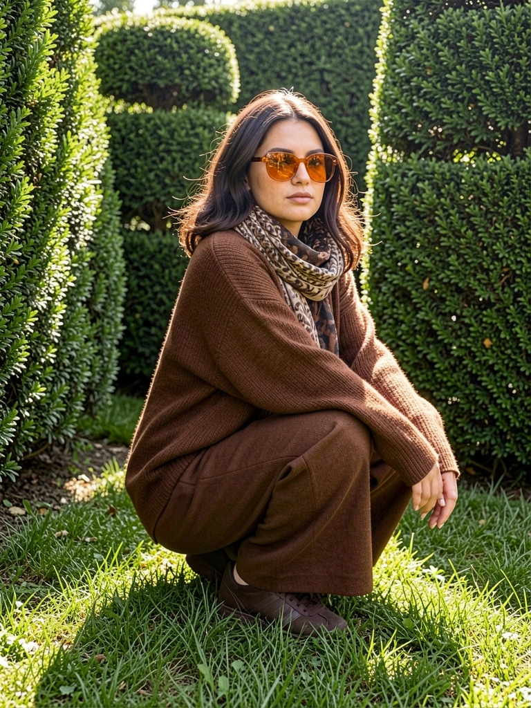 Mulher com suéter marrom oversized, calça wide-leg e tênis Adidas escuros, agachada na grama entre sebes esculpidas sob luz solar salpicada.