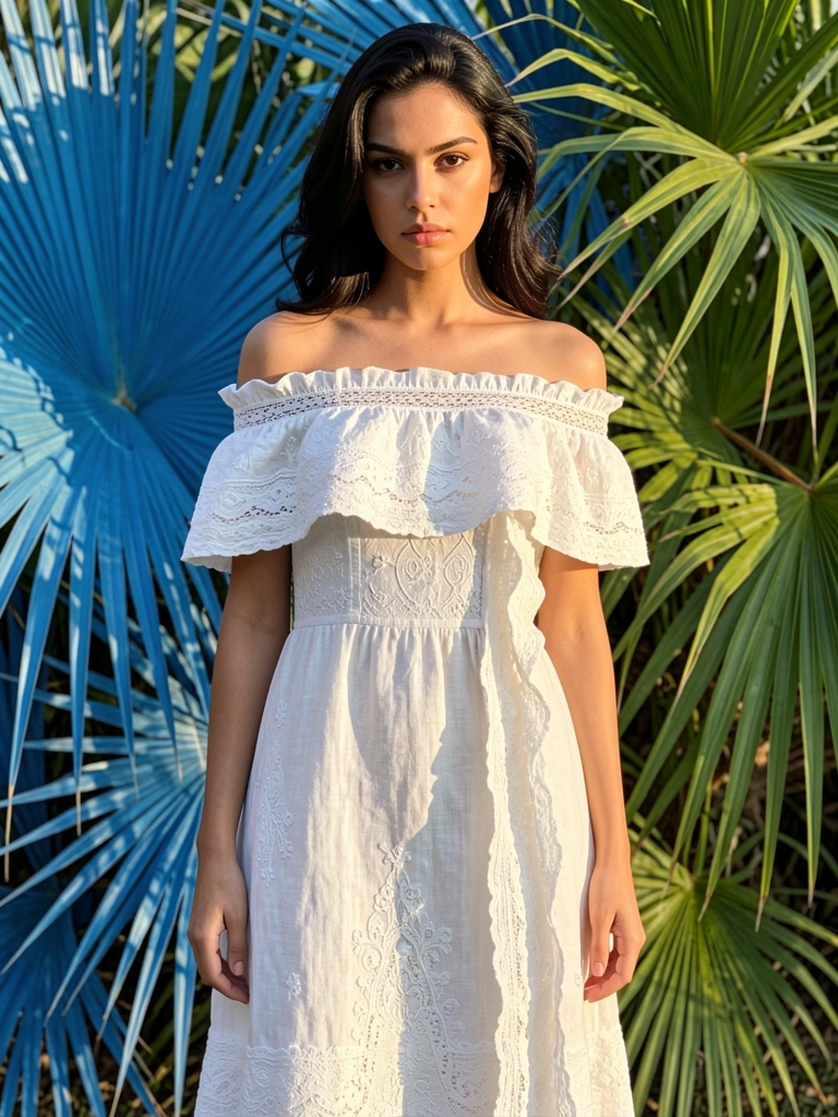 Mulher de vestido branco de linho com renda, folhas de palmeira azuis e verdes ao fundo, luz natural destacando a textura do tecido.