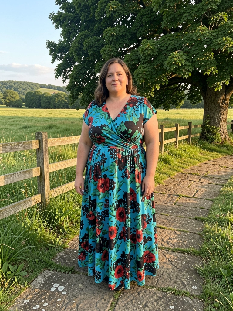 Mulher plus-size de vestido floral azul, verde e vermelho em gramado verde com muro de pedra e cerca de madeira ao fundo, luz natural.