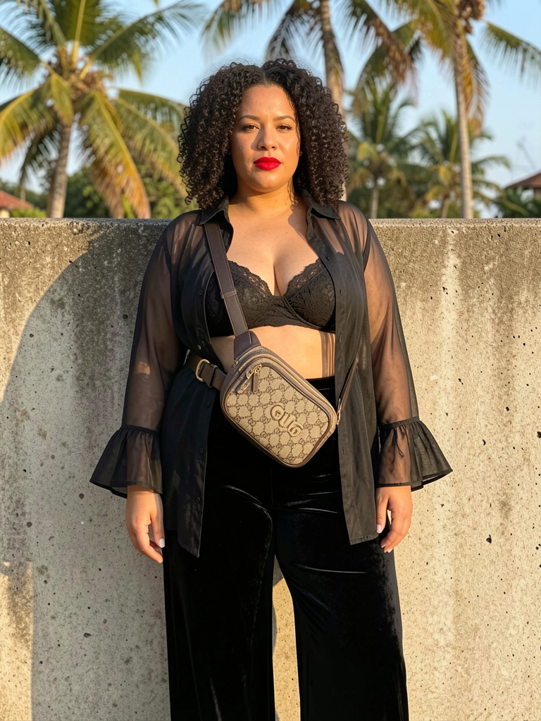 Mulher plus size com cabelo cacheado e batom vermelho, calça preta de veludo, bralette de renda e camisa transparente de chiffon com mangas sino, bolsa cintura Gucci, parede de concreto texturizado, luz natural do dia.