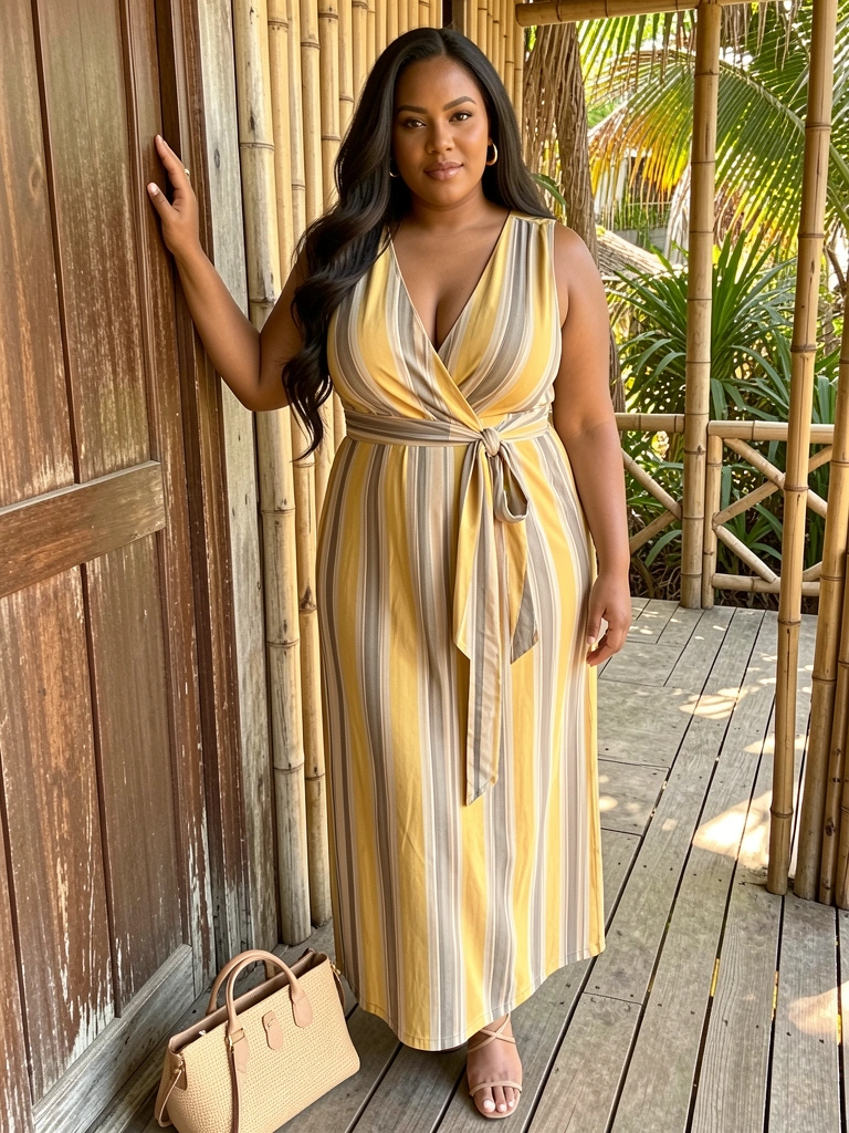 Mulher plus-size com vestido listrado amarelo, bege e cinza, cinto amarrado, brincos de argola e bolsa de palha, apoiada em porta rústica de madeira sob luz natural.