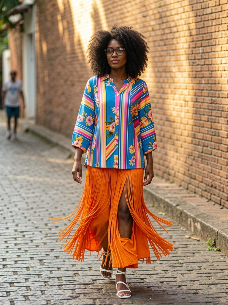 Mulher negra de cabelo volumoso e óculos, blusa listrada colorida e saia franjida laranja em rua de paralelepípedos, parede de tijolos ao fundo, luz natural.