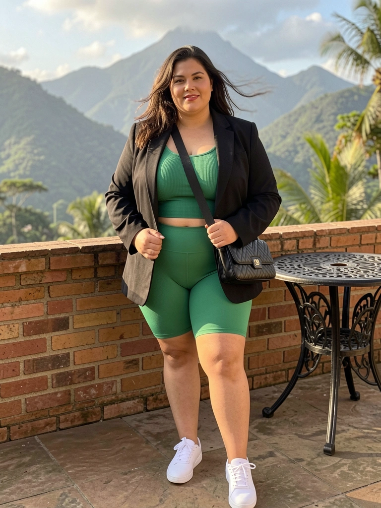 Mulher plus size com blazer preto, cropped e shorts verdes, segurando bolsa acolchoada preta, montanhas ao fundo e luz natural.