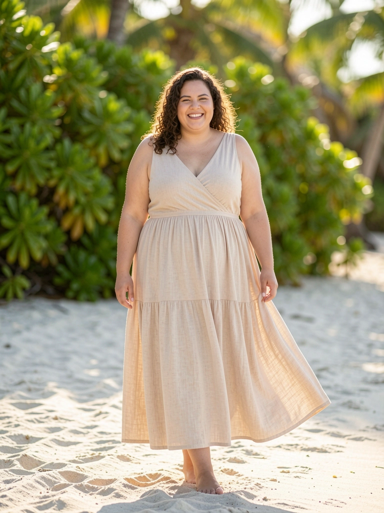 Vestido midi bege claro de tecido texturizado com decote V e saia franzida, mulher plus size sorrindo em praia tropical com vegetação desfocada ao fundo, luz natural quente.