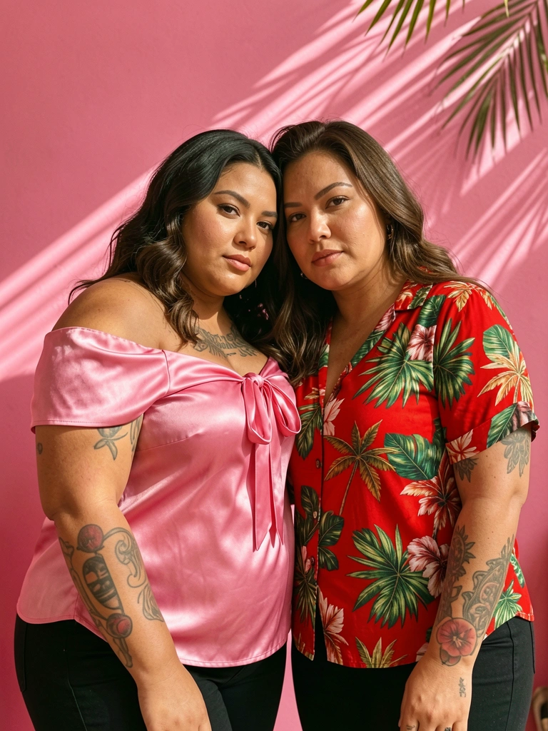 Duas mulheres plus size abraçadas, uma com blusa de cetim rosa e laço, outra com blusa tropical vermelha, parede rosa com iluminação linear.
