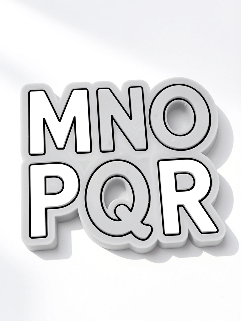 Molde de silicone em preto e branco com letras M a R em tom cinza claro, close-up sobre fundo branco com gradientes sutis, luz natural de estúdio.