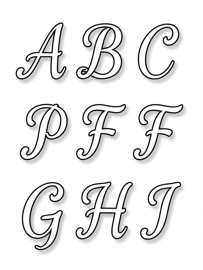 Letras maiúsculas A a I em preto e branco, estilo line art, fundo branco puro, luz natural suave.