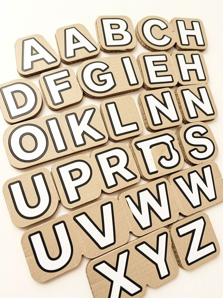 Letras do alfabeto de A a Z em papelão bege com contornos pretos grossos, dispostas em composição educativa sobre fundo branco com luz natural.