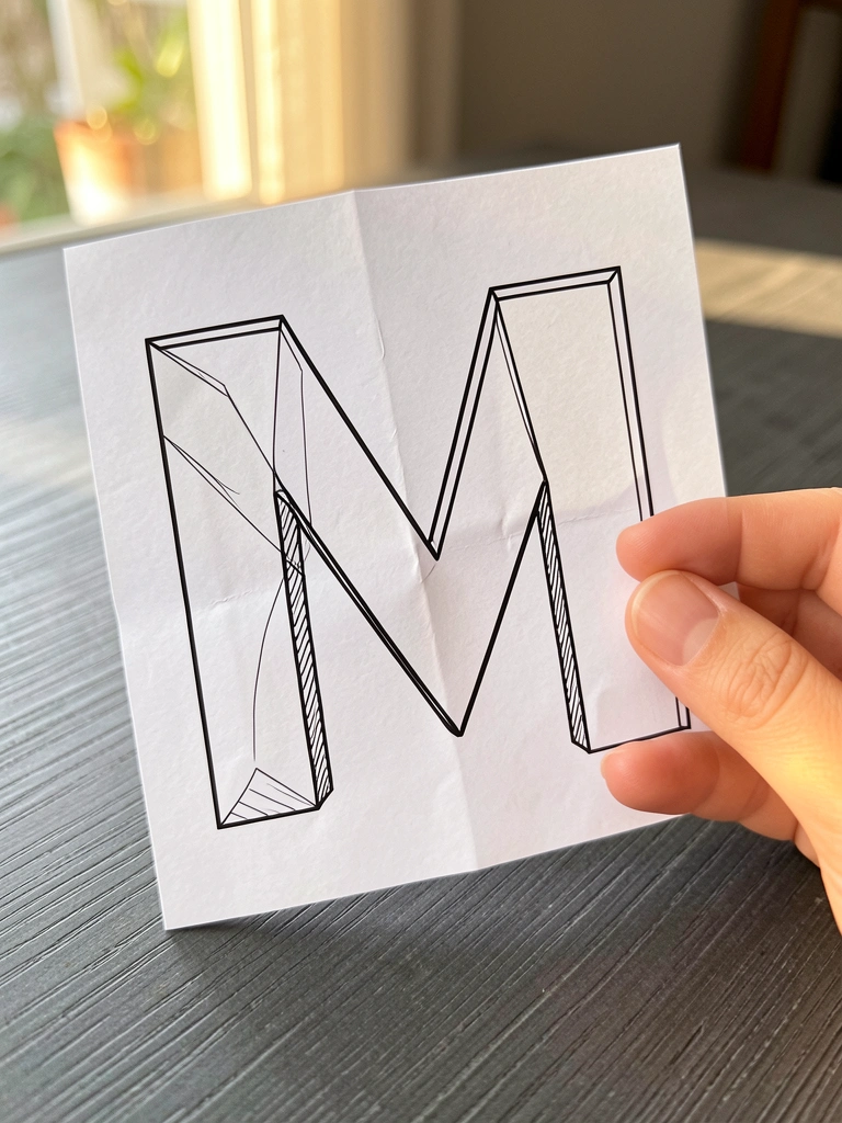 Mão segurando letra M de papel com dobras e vincos sobre superfície de madeira escura, luz natural difusa.