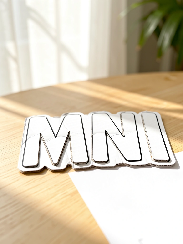 Letras MNI em papel branco texturizado sobre mesa de madeira clara, com luz natural e fundo desfocado.