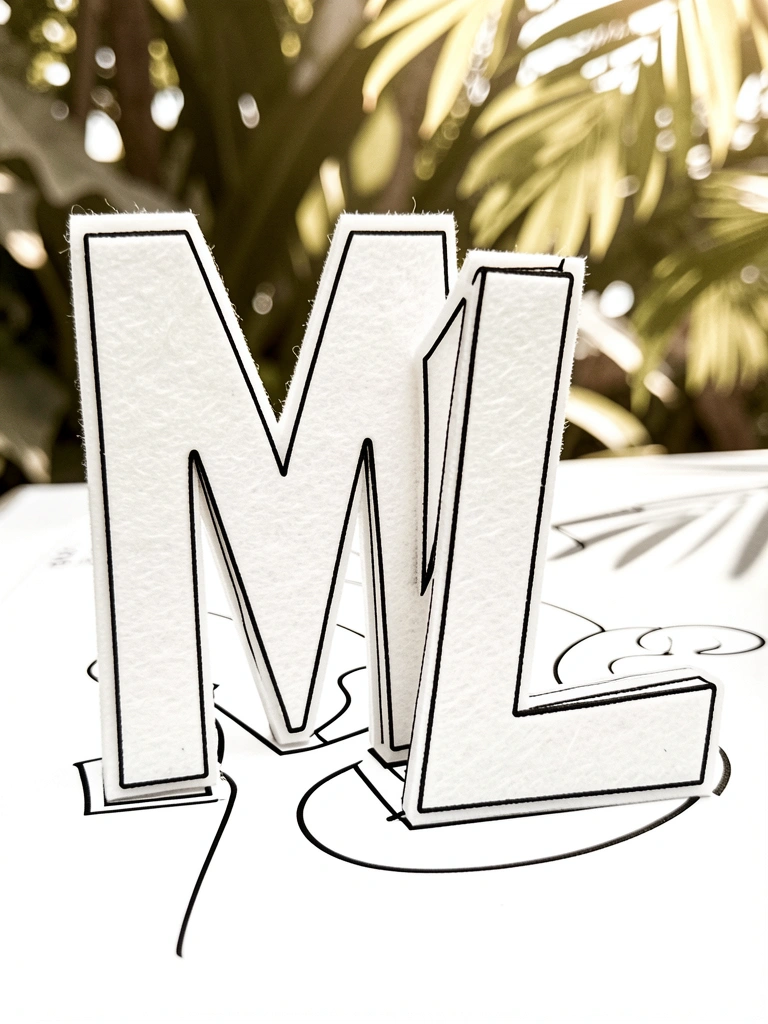 Letras M e L de feltro branco sobrepostas, luz natural filtrada por folhagem, textura macia do feltro em close.
