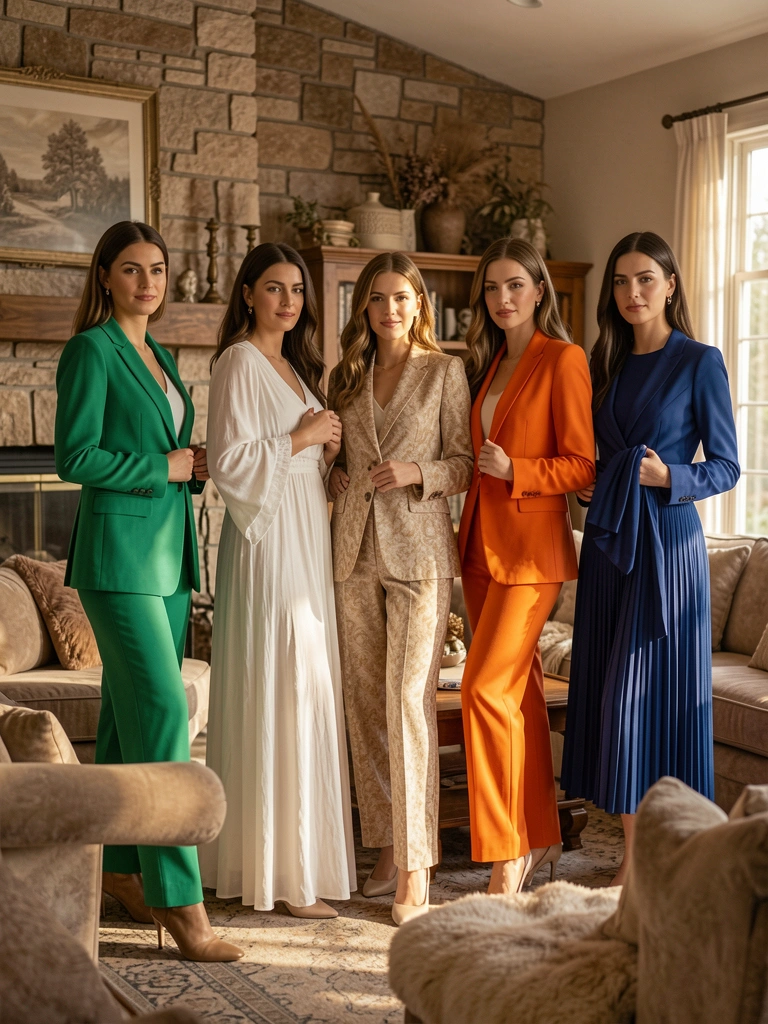 Mulheres em looks monocromáticos verde, branco, bege, laranja e azul posam em sala com lareira de pedra e luz natural suave.