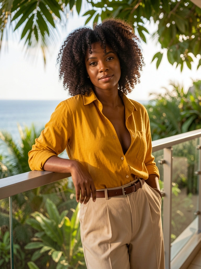 Mulher negra de cabelos crespos volumosos com camisa amarelo mostarda aberta, calça bege e cinto marrom, encostada em sacada com vista para o oceano e folhagens, luz natural filtrada.