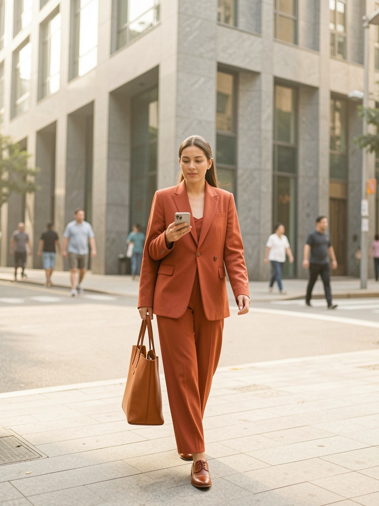 Mulher em blazer terracota estruturado e calça wide-leg carregando bolsa de couro marrom, caminhando em rua com prédio de fachada cinza e pedestres desfocados, luz natural quente.