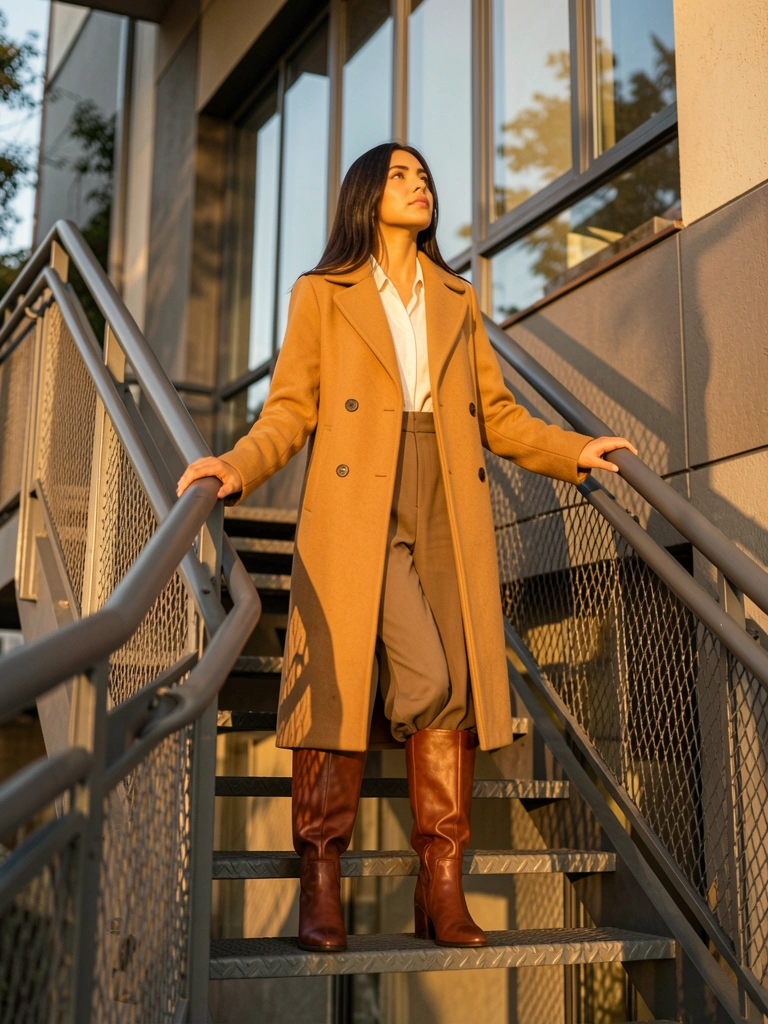 Mulher em casaco camel e botas marrons em escada metálica, luz dourada do entardecer e prédio moderno com janelas refletindo o sol ao fundo.